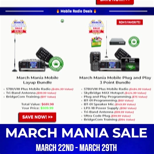 🚀 March Mania Exclusive! Two-Way Radios with Free Programming & Training! 📡 Calling all Ham Radio enthusiasts! This March 22nd-29th, dive into the digital world with ease. Our March Mania brings you exclusive deals on two-way radios, complete with free programming and training. 🔥 Featured Deals! Half Court Bundle - Score the AnyTone 878 for $329.99, pre-programmed and ready to communicate! Lay-Up Bundle - Capture the AnyTone 578 for just $509.99, offering extended coverage and crystal-clear a