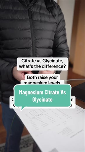Both are magnesium. Both raise your levels. But they're studied for different things. Citrate is bound to citric acid. Draws water into your digestive tract, which is why it's researched for digestive support. Can have a mild laxative effect if you take too much. If constipation or slow digestion is your main issue, citrate might be the better choice. Glycinate is chelated with glycine, an amino acid that has calming effects on the brain. This is why glycinate is studied for sleep and relaxation