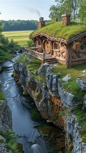 A Hobbit-Style Cabin by the River, Would You Move In? This feels like stepping into a fairytale, round windows, warm firelight, and a cozy little home carved into the earth like it’s been here forever. Inside, it’s all soft glow and natural textures: timber beams, shelves of pottery and books, a crackling stone fireplace, and a kitchen made to linger in. Even the tiny bathroom feels magical, wood details, warm lantern light, and that storybook charm in every corner. Then outside… a grass-roof co