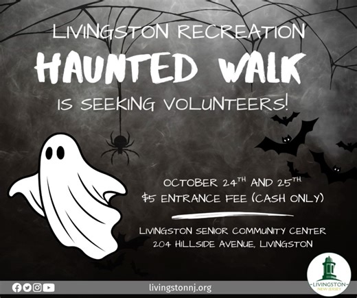Livingston Recreation: VOLUNTEERS WANTED for our Haunted Walk! Looking for community service hours? Love Halloween and have a scary costume? We're looking for volunteers (7th grade & up) to be actors in our Haunted Walk! Help us bring the spooky trail to life. 🦇 📩 Interested? Email Joe Gill at jgill@livingstonnj.org. ✅ Must be available for the walk-through, training, and both nights of the event. Let’s make this Haunted Walk the scariest one yet! #LTownNJ | Livingston Township, NJ