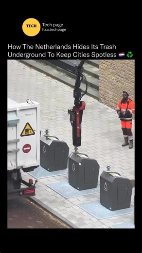 Tech page on Instagram: "What looks like an ordinary street corner is actually part of one of the world’s smartest waste-management systems. Across the Netherlands, garbage bins are built underground, storing waste several meters below the surface. When full, trucks equipped with hydraulic cranes lift each container, empty it, and return it seamlessly, all without cluttering the streets or releasing odor. This design frees up urban space, prevents pests, and keeps neighborhoods cleaner and quiet
