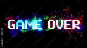 A colorful glitchy game over screen fades in and out, showcasing retro-style text with vibrant colors and visual distortions.