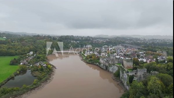 Autumn over Chepstow Castle and River Wye from a drone, Chepstow, Monmouthshire, Wales, UK
