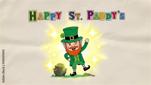 Leprechaun with pot of gold for Saint Patricks day greeting. Animated happy character for holiday celebration design.