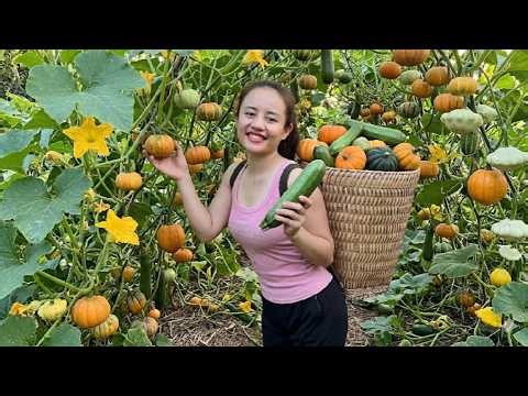 The young girl harvested pumpkins and papayas and took them to the market to sell.