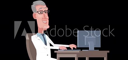 Cartoon male elderly gray-haired doctor character working with computer at workplace animation with alpha channel