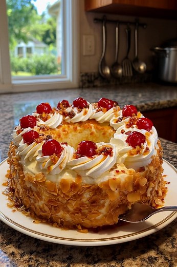 33K views · 67 reactions | Frankfurter Kranz (Crown Cake) A timeless German classic shared by deesviral—this elegant cake is rich, buttery, and layered with red jam and luscious buttercream. It’s crowned with caramelized nut brittle and cherries for a royal finish! Ingredients: • 2 cups unsalted butter, softened (divided) • 1½ cups sugar • 6 eggs • 2 cups all-purpose flour • 2 tsp baking powder | Recipes By Deesviral | Facebook