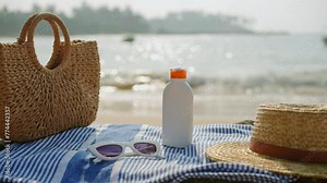 Beach essentials arranged on striped towel beside sea. Sunscreen bottle, sunglasses, straw hat, wicker bag for skin protection. Summer, leisure by ocean with UV care products for holiday.