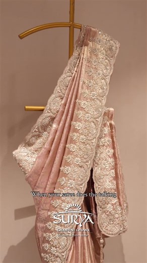 House of Surya | A beautiful blush champagne saree designed to glow with quiet luxury.✨ Detailed with fine thread work, soft shimmer, and a sculpted border,... | Instagram