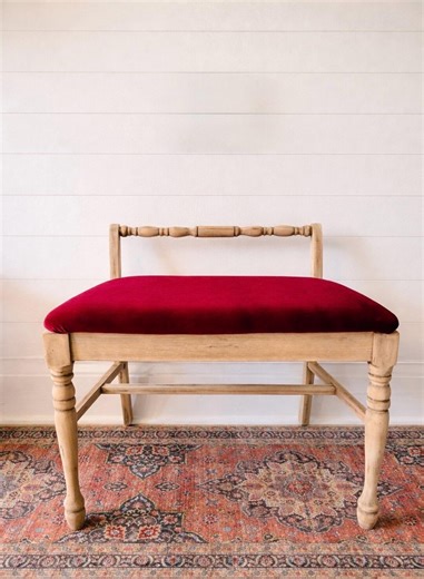 Vintage Wood Vanity Bench With Red Velvet Seat | Vintage Homeware - Etsy
