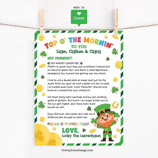 St Patrick's Day Leprechaun Letter Printable, Trap Note for Kids, Editable Canva Template - Etsy