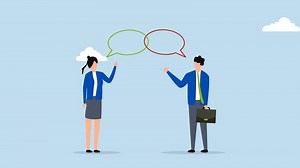 Customer engagement, 4k animation of businessman acts as the face of the brand when communicating with customers through interconnected speech bubbles.