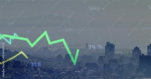 Transparent line graphs appearing over skyline, rising and oscillating to visualize financial data