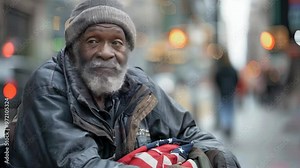 video of black skin old homeless man with american flag on the street