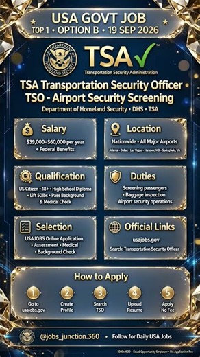 USA TSA Officer Job 19 Sep 2026 Salary $60k#tsajobs #usajobs#tsaairportjobs #careersusa #job#usajobs