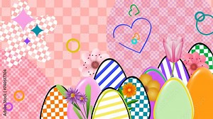 some heart shapes, circles and geometric shapes moving animation for easter holiday with flowers and beautifully designed eggs.