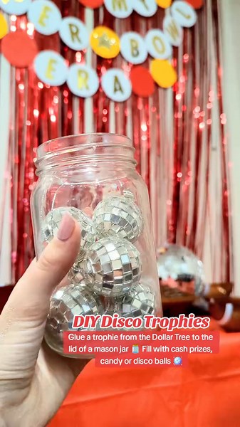 Disco Ball Trophies🪩 make a great Superbowl decor this year OR fill with Cash or Candy to win 🏈 #chiefs #footballparty #superbowlparty #football #superbowlera #superbowl #taylorsversion #taylorswift #disco #discodecor