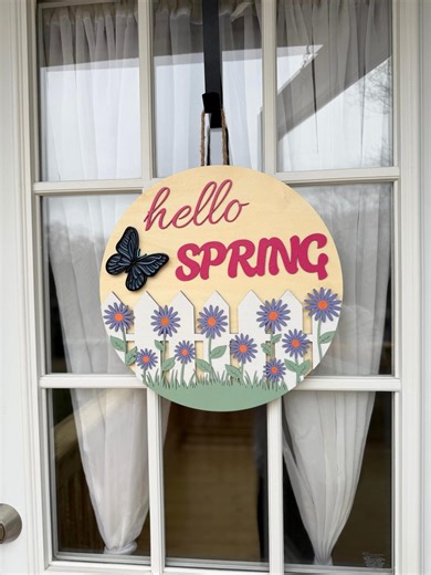 Round Wooden Hello Spring Sign, Hangable Handmade Decor With 3D Letters, Painted Farmhouse Door Hanger, Butterfly Wall Art With Flowers - Etsy
