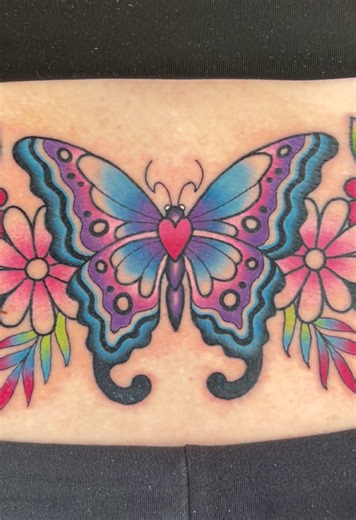 Colorful butterfly tramp stamp tattooed @ Love Spell Tattoo! 🦋💕 #littlerock #arkansas #tattoo #butterflytattoo #trampstamp