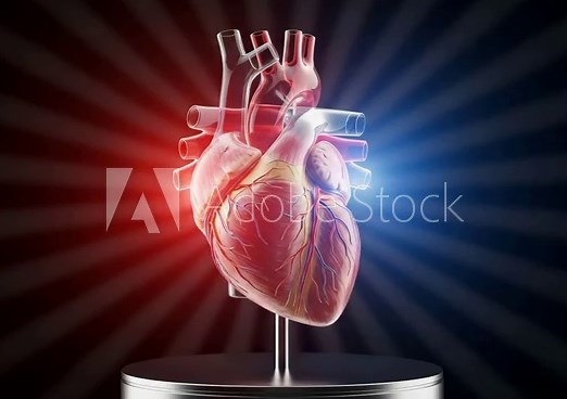 A 3D animated human heart model beating and rotating. Vertical video showing cardiovascular anatomy for medical and scientific purposes. Cardiology and healthcare concept