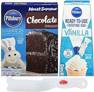 Pillsbury Moist Supreme Chocolate Cake Mix & Vanilla Flavored Frosting Bag with By The Cup Spatula Knife