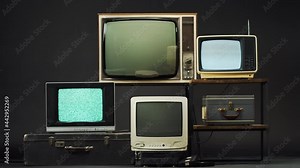 Retro old televisions on black background. Collection of ancient, old-styled vintage TV with grey screens, bad signal reception, ripples and interference, cinematography concept.