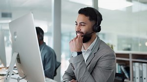 Computer, call center and happy with man talking | Premium Stock Video Footage