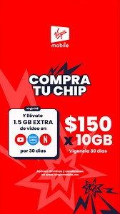 Comprando tu chip Virgin con el paquete de $150 te llevas 10GB, apps ilimitadas, 1.5GB de video y mucho más. No lo pienses más y hazlo ya mismo | Virgin Mobile México