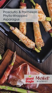 Spring is the perfect time for entertaining! 🌸 If you're looking for a fierce combination of rich flavors to serve up at your next gathering, we've got you covered! These savory bundles of prosciutto-wrapped asparagus are folded in flaky phyllo dough and sprinkled with grated Parmesan cheese. Make them as a sophisticated yet easy appetizer or as a delicious snack 😋 Full recipe: bit.ly/3XNhcwt | Giant Eagle