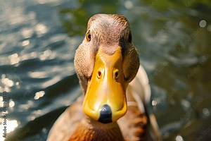 A close-up photo of a duck looking directly at the camera, with sparkling water in the background.