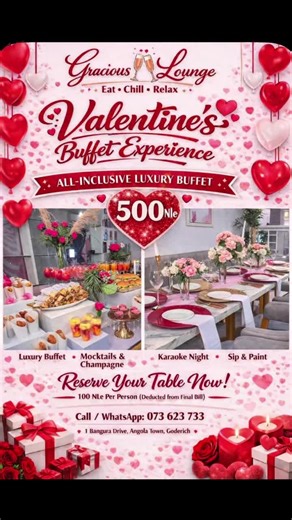 VALENTINE’S at GRACIOUS 💝 If you’re looking for the perfect Valentine’s date spot, Gracious Lounge has it all 💕 Come solo, with your partner, your friends, or your family and enjoy the full luxury experience. ✨ All-inclusive buffet 🍹 Mocktails & Champagne 🎨 Sip & Paint 🎶 Karaoke & DJ vibes All for 500 NLe per person Because everyone deserves to Eat, Chill & Relax 🥂 📍 Gracious Lounge – 1 Bangura Drive Angola Town Goderich Western Freetown 📞 Call/WhatsApp 073 623 733 to reserve your table 