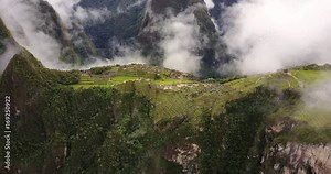Machu Picchu Peru Aerial v4 Birdseye view flying over ancient ruins