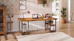 Tribesigns 71-Inch Solid Wood Long Desk with Shelves, Industrial Home Office Desk, Large Executive Office Computer Table Writing Gaming Workstation for Office, Living Room, Light Brown & Black