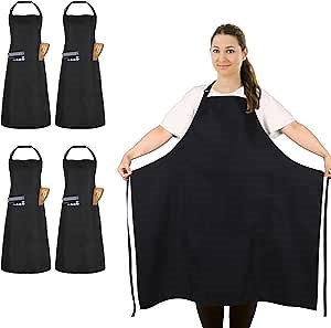 4 Pack Plus Size Chef Aprons, Large Kitchen Apron with 2 Pockets, Adjustable Waterproof Black Apron for Big Men and Women for Cooking, Baking, Cleaning, Gardening, BBQ