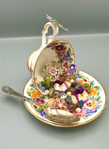 Dragonfly Garden Reliquary | Vintage Teacup Sculpture Art | Jewelry Assemblage | Floral Mixed Media | One of a Kind Decor | Kitsch Please - Etsy