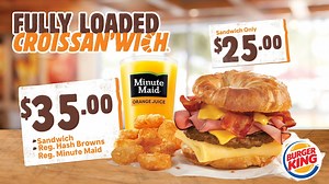 Start your mornings the right way. Indulge in our new Fully Loaded Croissan'wich - a warm, buttered croissan'wich, with delicious sausage and packed with eggs, warm sliced ham, bacon, and melted cheese. Enjoy it with hash-browns and Minute Maid for only $35. Available for a limited time at all Burger King restaurants (except Trincity Mall and Curepe). *Sausage contains pork | Burger King Trinidad & Tobago