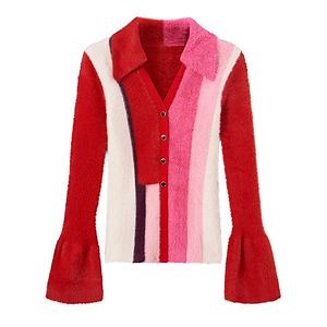 [Hot Item] Women's Colorblock Striped Sweater for Winter Long Sleeve V Neck Pattern Blouse Furry Knit Cardigan with Button
