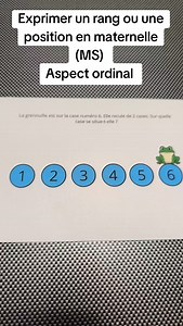 🐸🔢 Aspect ordinal du nombre – Le jeu de la grenouille Dans cette vidéo, je te présente une activité concrète pour travailler l’aspect ordinal du nombre en maternelle : le jeu de la grenouille 🐸. 🎯 Principe de l’activité : La grenouille est placée sur une case (ex. case 6). On annonce un déplacement : « elle recule de deux cases ». 👉 Les élèves doivent réfléchir et dire sur quelle case elle se retrouve. 🧠 Une situation qui n’est pas évidente et qui amène les élèves à : • Comprendre une posi