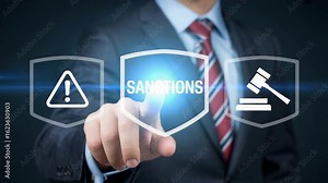 Dynamic video of businessman activating sanctions with digital interface on screen, showcasing regulatory compliance and legal enforcement in the digital age