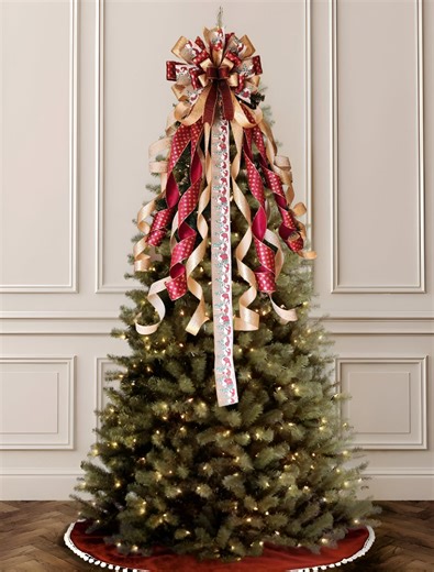 Burgundy & Gold Christmas Tree Topper Bow, Large Tree Topper Bow, Gold Christmas Bow, Burgundy Tree Topper With Cascading Streamers - Etsy