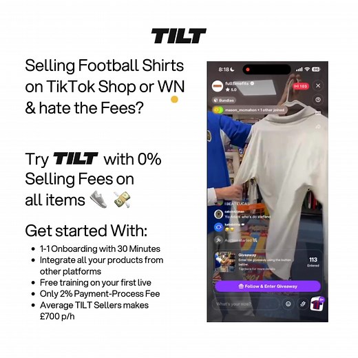 Sick of watching 10–15% vanish in fees every time you sell? 😤💸 The discounts, returns and platform cuts are squeezing your margin to pennies. On TILT, seller fees are 0%—keep your profit, not your platform’s. 👟📦 We’ll import your products in minutes, give you 30-min 1:1 onboarding, and coach your first live for free. ⚡️ Ready to stop bleeding cash and start keeping the cut? | Tilt App
