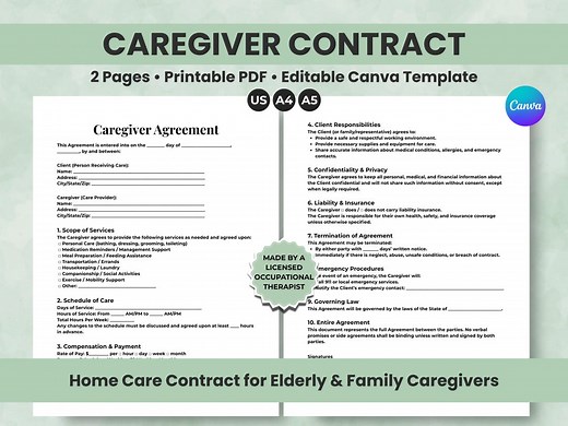 Editable Caregiver Contract Template: Home Care Agreement (PDF   Canva) - Etsy