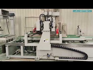 Automatic door sizing production line 4-side saw with loading conveyor and unloading gantry.