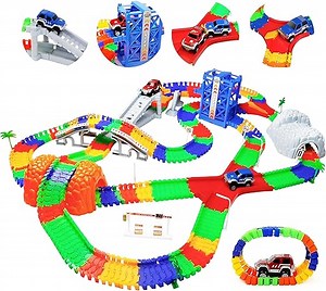 Autorennbahn Kinder Spielzeug ab 3 4 5 Jahre mit 2 Spielzeugauto, Kinderspielzeug ab 3 4 5 6 7 Jahre Junge，309PCS Car Track Rennbahnen, Racing Geschenk 3 4 5 Jahre Junge Mädchen, 505cm Länge Rennbahn