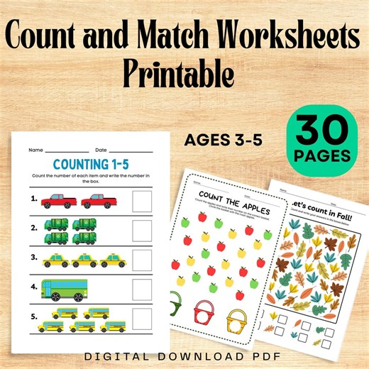 Count and Match Worksheets Printable | Preschool Math Activities | Homeschool Kindergarten | Toddler Learning PDF - Etsy