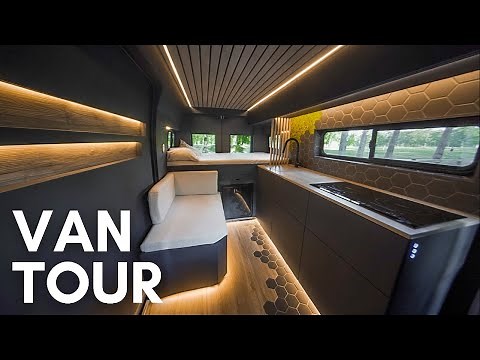 VAN TOUR WITH HIDDEN SHOWER | Luxury Dark Modern Camper Van | DIY Tiny Home on Wheels for VANLIFE