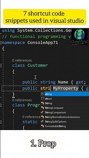 7 shortcut code snippets used in visual studio.