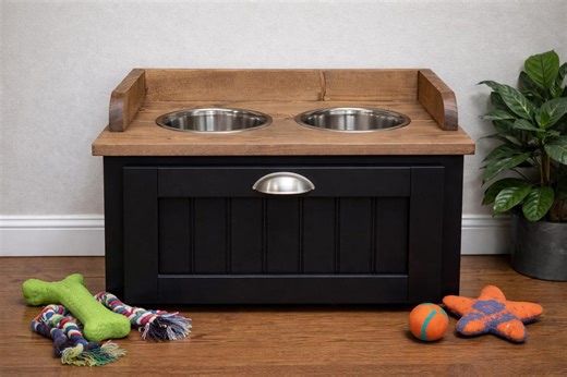 Elevated Dog Bowl Stand With Storage Raised Wood Dog Feeding Station With Drawer, Farmhouse Style, Stainless Steel Bowls Included Made in TX - Etsy