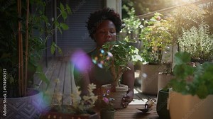 A woman lovingly nurturing and caring for her vibrant plants in a beautifully sunlit garden