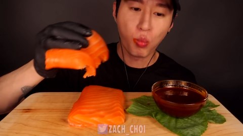 ASMR SALMON SASHIMI + NUCLEAR FIRE SAUCE MUKBANG (No Talking) EATING SOUNDS | Zach Choi ASMR